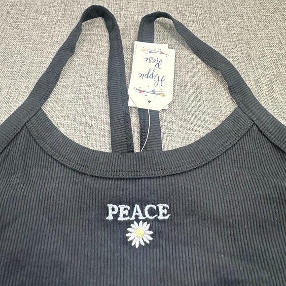 NEW! Hippie Rose Juniors Tank Top Black Embroidered Peace Flower Large Cotton Bl - Picture 3 of 8